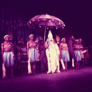 A scene in Oh Ogunde! at the then newly opened Fiarfield Halls London The troupe was the first African troupe to perform in a tent of 10000 audience at the Langollen Eisteadford festivals in Wales 1969
