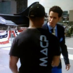 USA channel airing the TV hit ROYAL PAINS In this snap shot you spot the lead actor shaking hands with myself in the black tshirt and hat on top of the Intrepid My character was a war vet