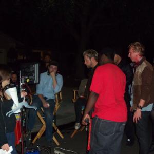 Jared Cooley Director watching playback on the set of Two Sided with Vincent DeMarco Anthony James and 1st AD Moe Fowler