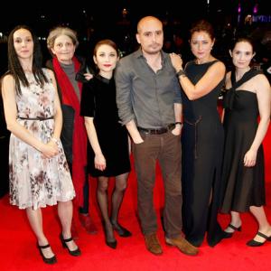 Actors Fatma Mohamed Monica Swinn Chiara DAnna director Peter Strickland and actors Sidse Babett Knudsen Eugenia Caruso at the official screening for The Duke of Burgundy during the 58th BFI London Film Festival