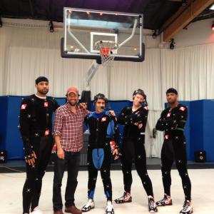 On set of NBA 2K14 at 2K games motion capture studio in Novato CA Pictured from Left to Right 2K14 Motion Capture Player Director Chris Papierniak Trainer David Ojakian MyPlayer Mark Middleton 2K14 Motion Capture Player