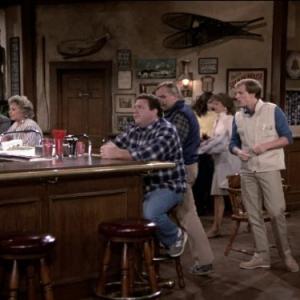 Still of Woody Harrelson John Ratzenberger and George Wendt in Cheers 1982