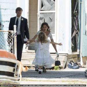 Katie Holmes, James Badge Dale, and Ava Kolker on the set of Miss Meadows