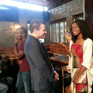 Adetokumboh MCormack Jared Safier and Nzinga Blake on set of The Single Parent Diaries