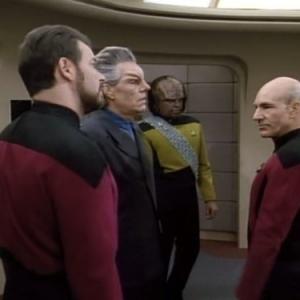 Still of Michael Dorn Jonathan Frakes Patrick Stewart and Craig Richard Nelson in Star Trek The Next Generation 1987
