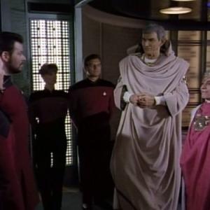 Still of Jonathan Frakes, Patrick Stewart, Mark Lenard and Joanna Miles in Star Trek: The Next Generation (1987)