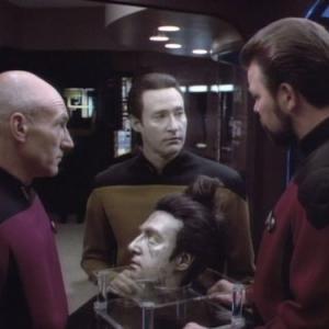 Still of Jonathan Frakes, Brent Spiner and Patrick Stewart in Star Trek: The Next Generation (1987)