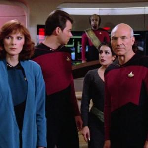 Still of Michael Dorn Jonathan Frakes Gates McFadden Marina Sirtis and Patrick Stewart in Star Trek The Next Generation 1987