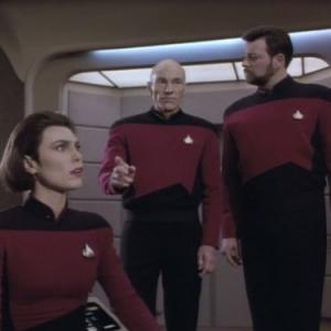 Still of Michelle Forbes Jonathan Frakes and Patrick Stewart in Star Trek The Next Generation 1987