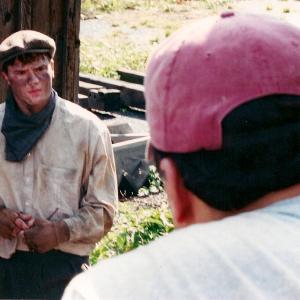 Curr speaks with actor James DeJoseph before shooting the immigrant miners scene for United Studios film Stories from the Mines