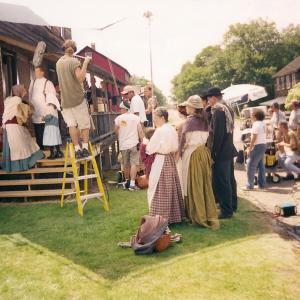 Cast and crew on location at Eckley Miner's Village in Pennsylvania, while shooting the United Studio's film, Stories from the Mines. This scene was titled, The Company Store.