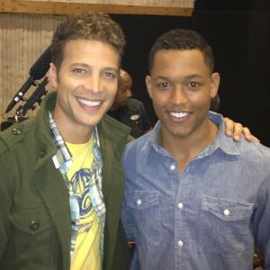Curtis Hamilton and Justin Guarini on set for an Old Navy Commercial.