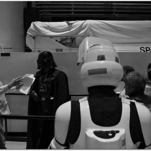 Director Jeffrey Parker blockng a scene with Darth Vader inside Space and Rocket Center Huntsville, Alabama.