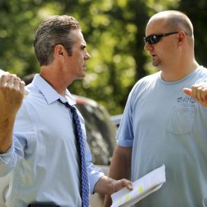 Director Jeffrey Parker discusses a scene with veteran actor Jerry Lynch.