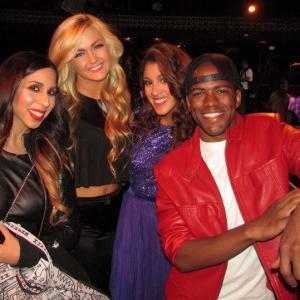 Dominick Mozee hanging with Lindsay Arnold and her friends at the Iijin show during LA Fashion Week