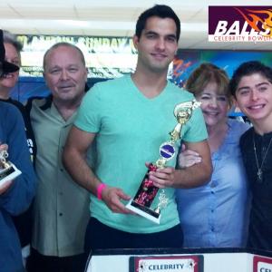 A David Mirisch Production Ball Of Fire Celebrity Bowling Tournament Winners Mikel BeaukelDavid Shelton and Ryan Ochoa with Patrika Darbo from Days Of Our Lives