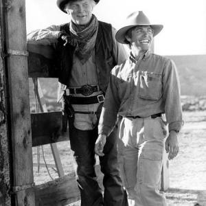 JACK PALANCE and Director RON UNDERWOOD on the set of CITY SLICKERS
