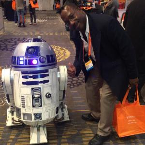 R2D2 and Director Bruce B Gordon at the 2014 Association of Film Commissioners International Locations Expo at the Century Plaza Hotel Century City CA
