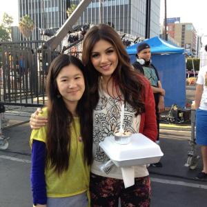 Actress Tina Q. Nguyen and actress/singer Victoria Justice on the set of Nickelodeon's 