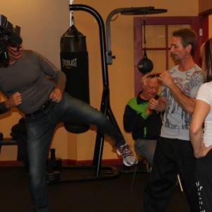Rehearsing fight scene with Corey Wild as guest at Cynthia Rothrock's seminar.