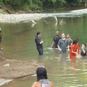 On the set of AE. Filming in the river.