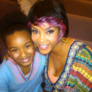 on set of Annie claus in coming to town nay nay plays Vivica A Fox daughter