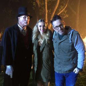 Barry Bostwick, Natalie Castillo, and Darren Lynn Bousman while filming Tales Of Halloween.
