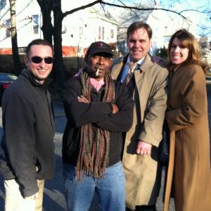 Writer/Producer Kyle Dedeian, Director Calvin Berry, with actors Cesar Rego, Alison Wachtler on the set of Two Days to Pay