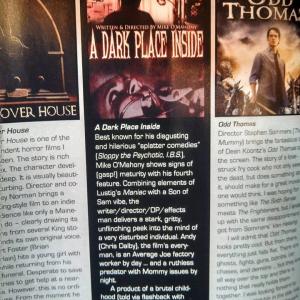 Review of Mike O'Mahony's A Dark Place Inside in Horrorhound June 2014. Genoveva gives 