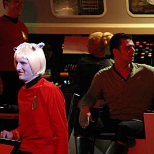 Starship Exeter filming at the Austin Studios for the Tressaurien Intersection Dan Murphy wearing red shirt behind the Andorian