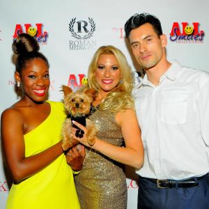 Producer of THE LOOK Tysha Williams and actress Hope Cavall played by Michelle Romano with her canine companion in the film toy yorkie Maximus Williams and Co star Yarett Harper