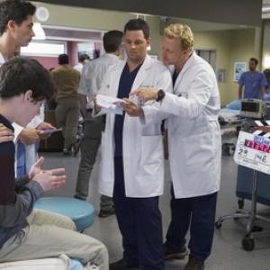 William Leon on the set of Greys Anatomy With Justin Chambers and Kevin McKidd