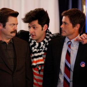 Still of Rob Lowe Nick Offerman and Ben Schwartz in Parks and Recreation 2009
