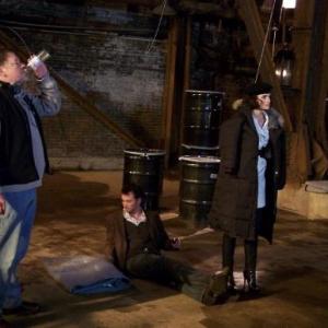With Director Jonathan Frakes Noah Wyle and Stana Katic on the set of The Librarian Curse of the Judas Chalice