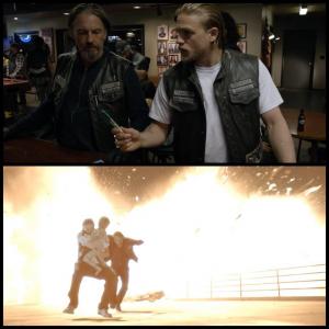 Evan Londo bottom with Charlie Hunnam and Tommy Flanigan on Sons of Anarchy Season 5