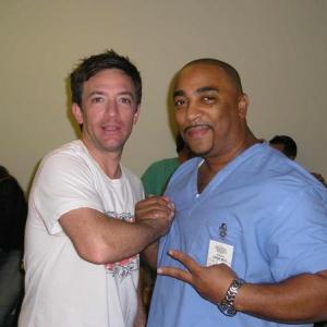 Actors Dave Faustino  Stephen Stix Josey on the set of ROBODOC