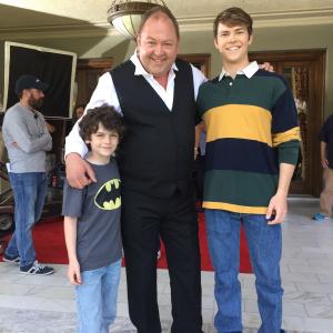 Garrett on set with Zachary Rifkin (left), and Mark Addy (middle)