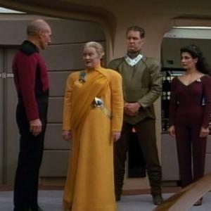 Still of Marina Sirtis Patrick Stewart and Nancy Parsons in Star Trek The Next Generation 1987