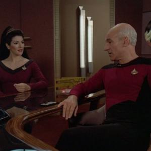 Still of Marina Sirtis and Patrick Stewart in Star Trek The Next Generation 1987