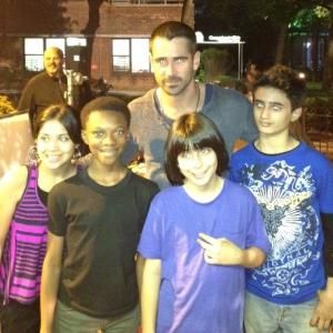 Justin with Colin Farrell and kid cast members on the set of Dead Man Down