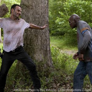 Action shot of Christopher W. Brantley with Andrew Lincoln(Rick Grimes) on the set of The Walking Dead