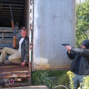 Publicity shot for 'Assassin Stunt Chase'. Derek Barnes (left) James McDougall (right)