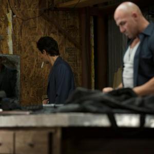 Aaron Williamson and Adrien Brody on the set of American Heist.