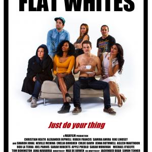 Flat Whites 2012 Poster. Pictured (L-R): Sarah Morovan, Joel Parnis, Samira Amira, Jenna Rothwell, Christian Heath, Max De Bowen & Sharon Johal. Award Laurels for 'Outstanding Dramedy' from LA Webfest 2012 & 'Official Selection' from Hollyweb Festival 2012.