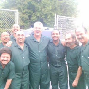 Lenny Clarke Dennis Jay Funny and the chain gang in the prison yard on FX network show Rescue Me