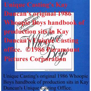 Unique Castings original 1986 Whoopie Boys handbook of production sits in Kay Duncans Unique Casting Office 1986 Paramount Pictures Corporation
