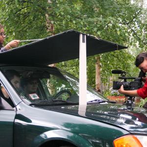Behind the Scenes: setting up a camera rig for a moving shot as 'TextiDriver' (played by David Leslie) is saved from a horrible accident in 