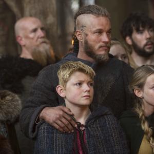 Still of Katheryn Winnick, Travis Fimmel, Nathan O'Toole and Ruby O'Leary in Vikings: Sacrifice (2013)