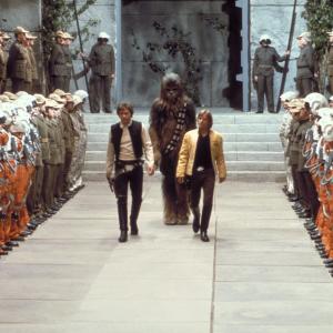 Still of Harrison Ford Mark Hamill and Peter Mayhew in Zvaigzdziu karai 1977