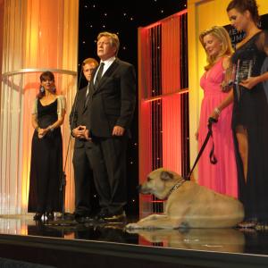 Super Smiley Official SpokesDog for the Hero Dog Awards presenting the Inspiration Award to Ryan ONeal and Redmond ONeal for Farrah Fawcett Photo also with Victoria Stilwell adn Megan Blake Hallmark Channel TV special